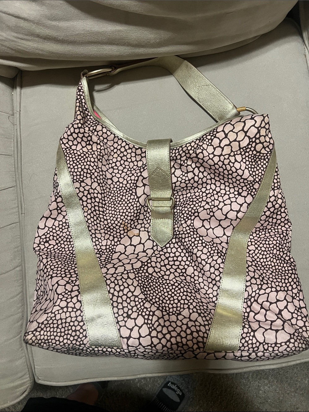 Lesportsac Stylish Pink Patterned Hobo Bag with Gold Trim